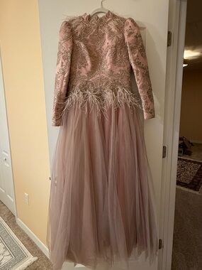 Embroidered Pink Tulle Party Dress with Feather Trim